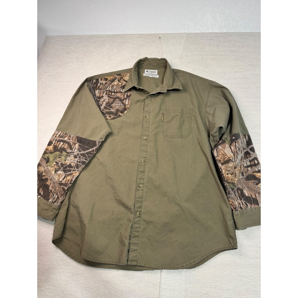 Columbia Sportswear Mens XXL Hunting Shirt Camo Patch Olive Cotton Canvas Button